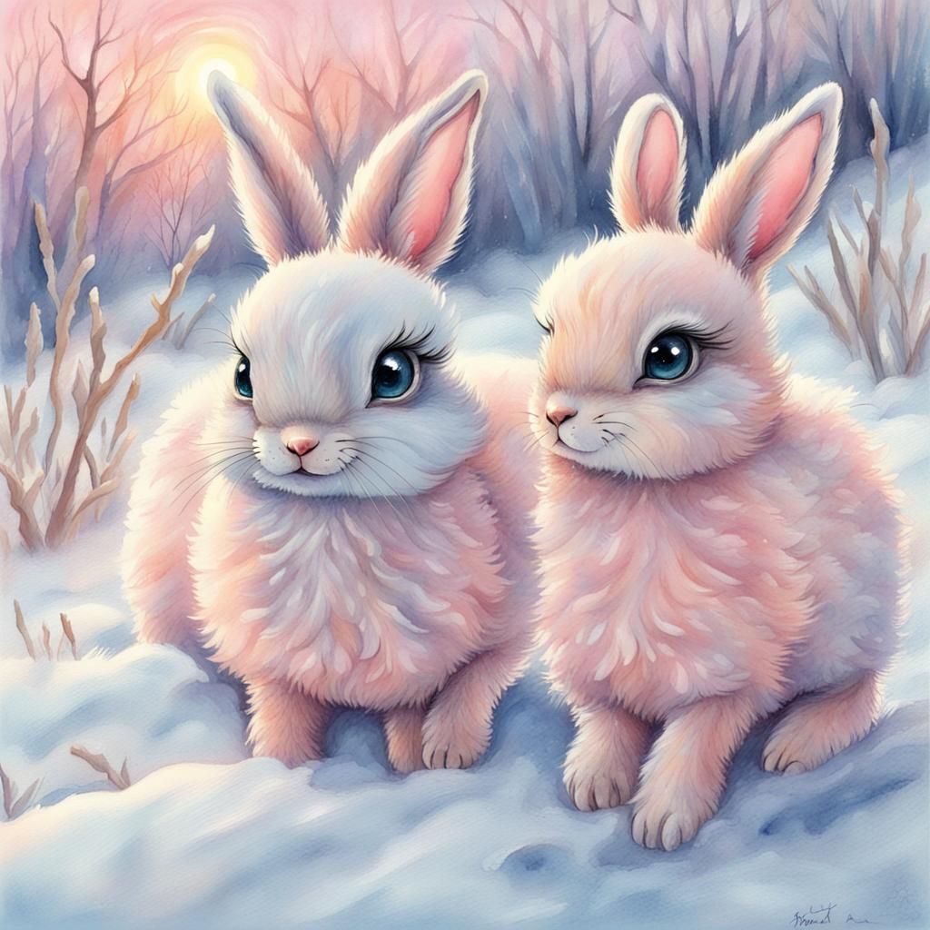 Snow Bunnies Frolicking on Winter Day in Pastel Colors