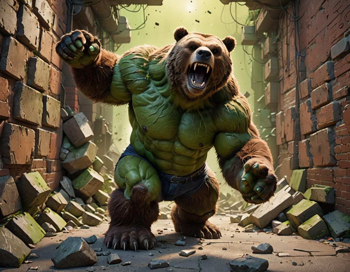 Grizzly Bear Hulk Breaking Through Wall in 3D