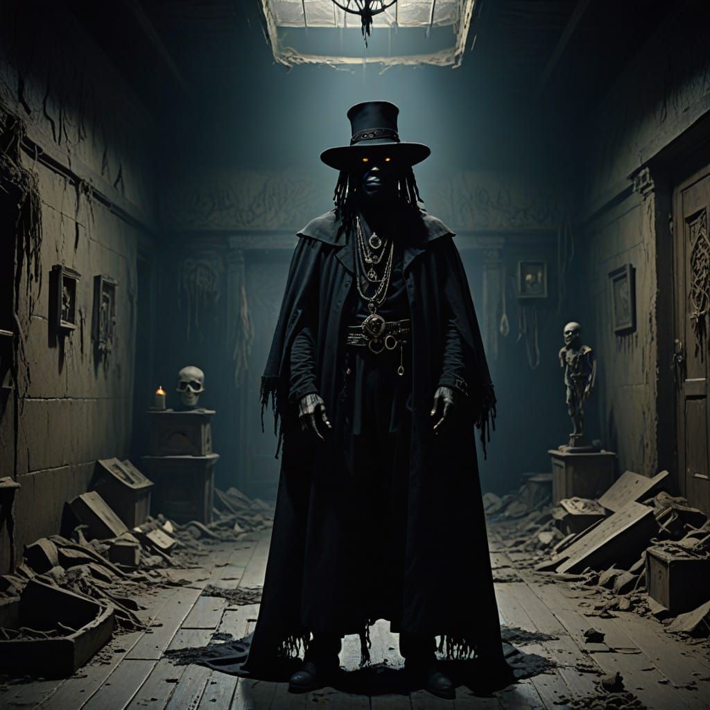 Mysterious Papa Legba in a Haunting, Dimly Lit Chamber