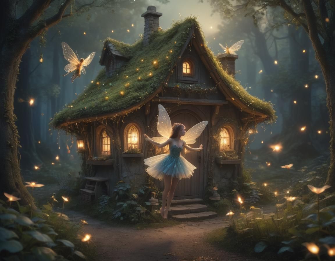 Enchanted Forest Fairy with Fireflies at Twilight