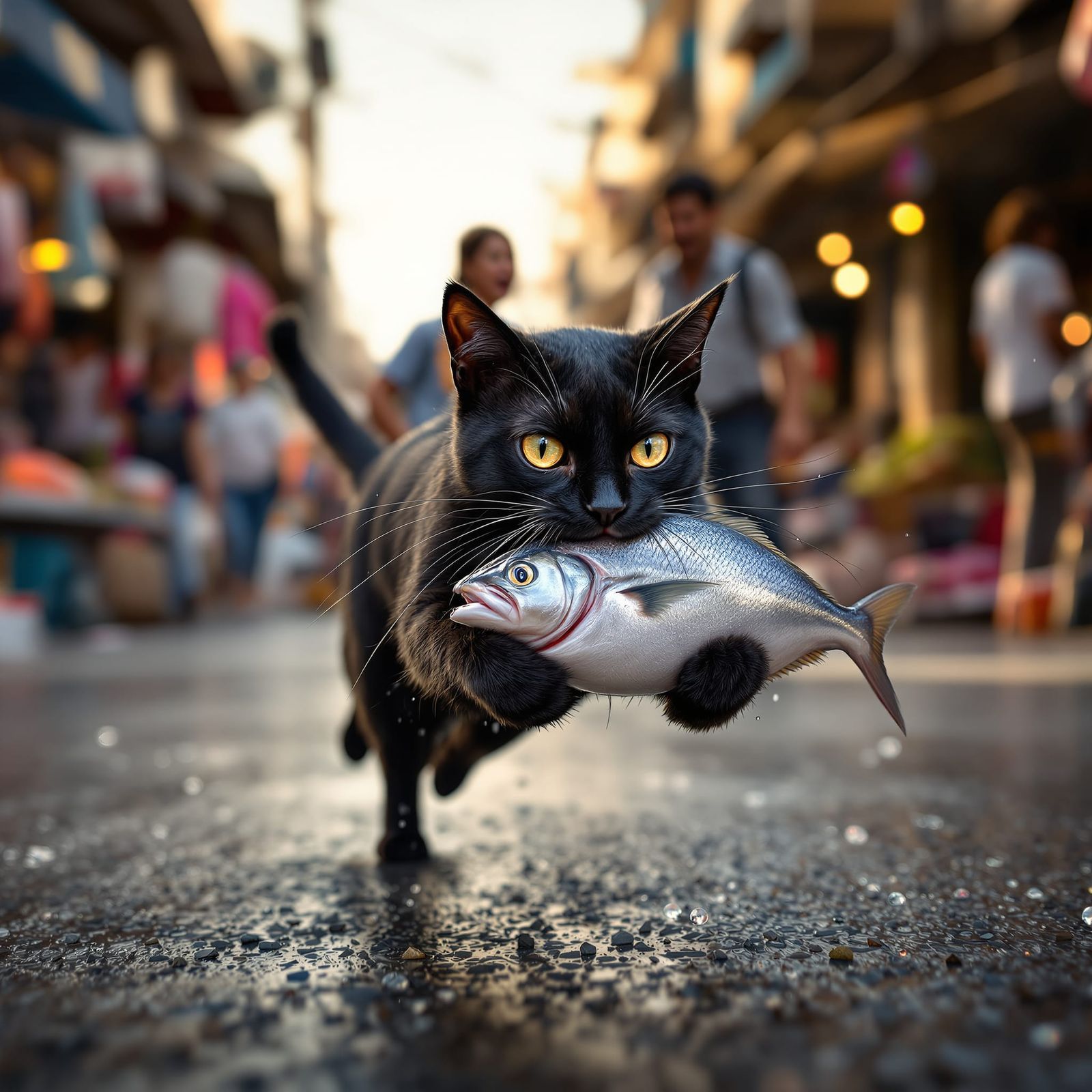 Panicked Cat Steals Fish in Bustling Market
