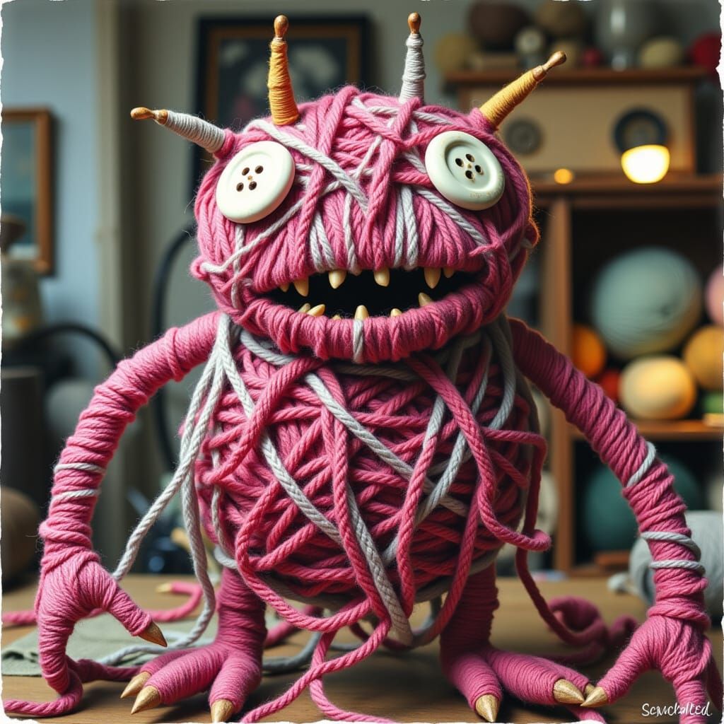 Surreal Yarn Creature Made of Pink and Silver Wool