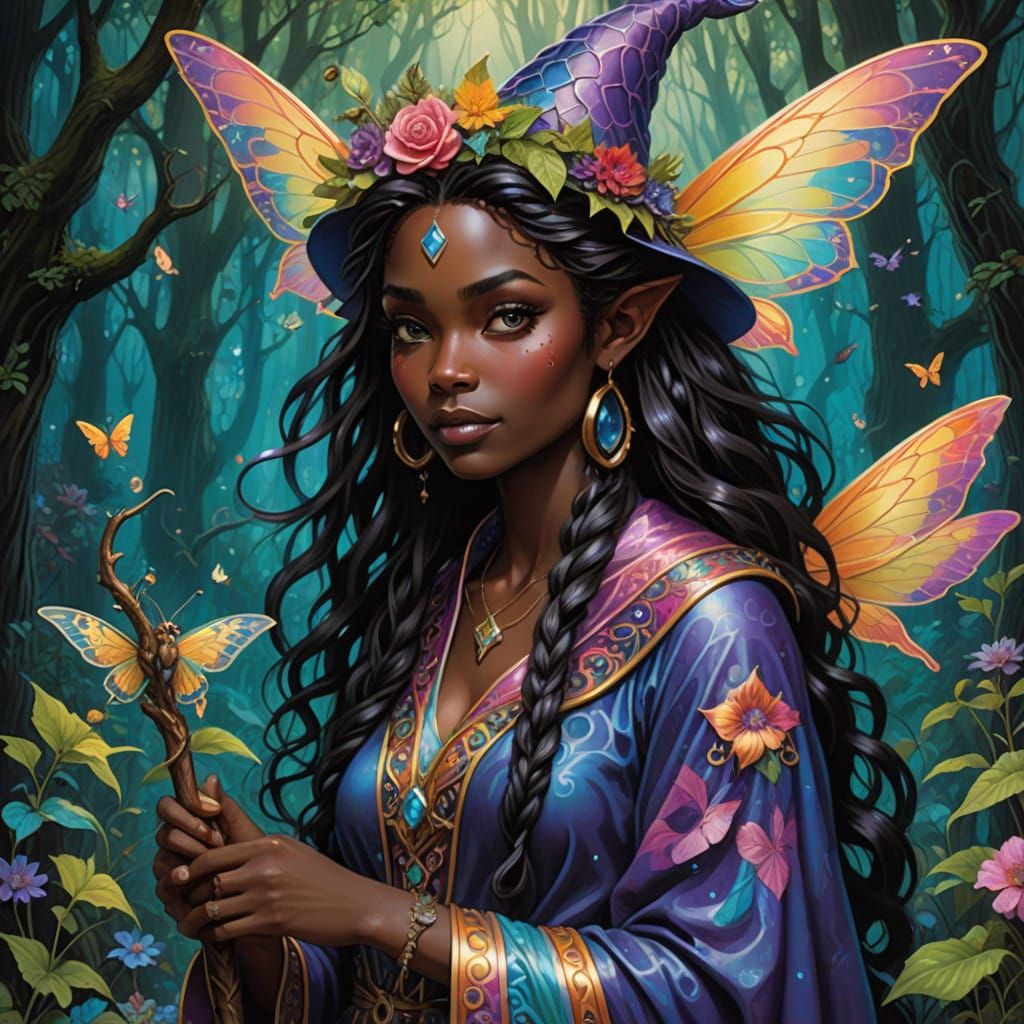 Whimsical Dark-Skinned Fairies and Wizards in a Moonlit Fore...