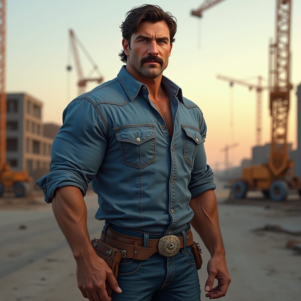 Hyperrealistic Portrait: Rugged Man at Construction Site