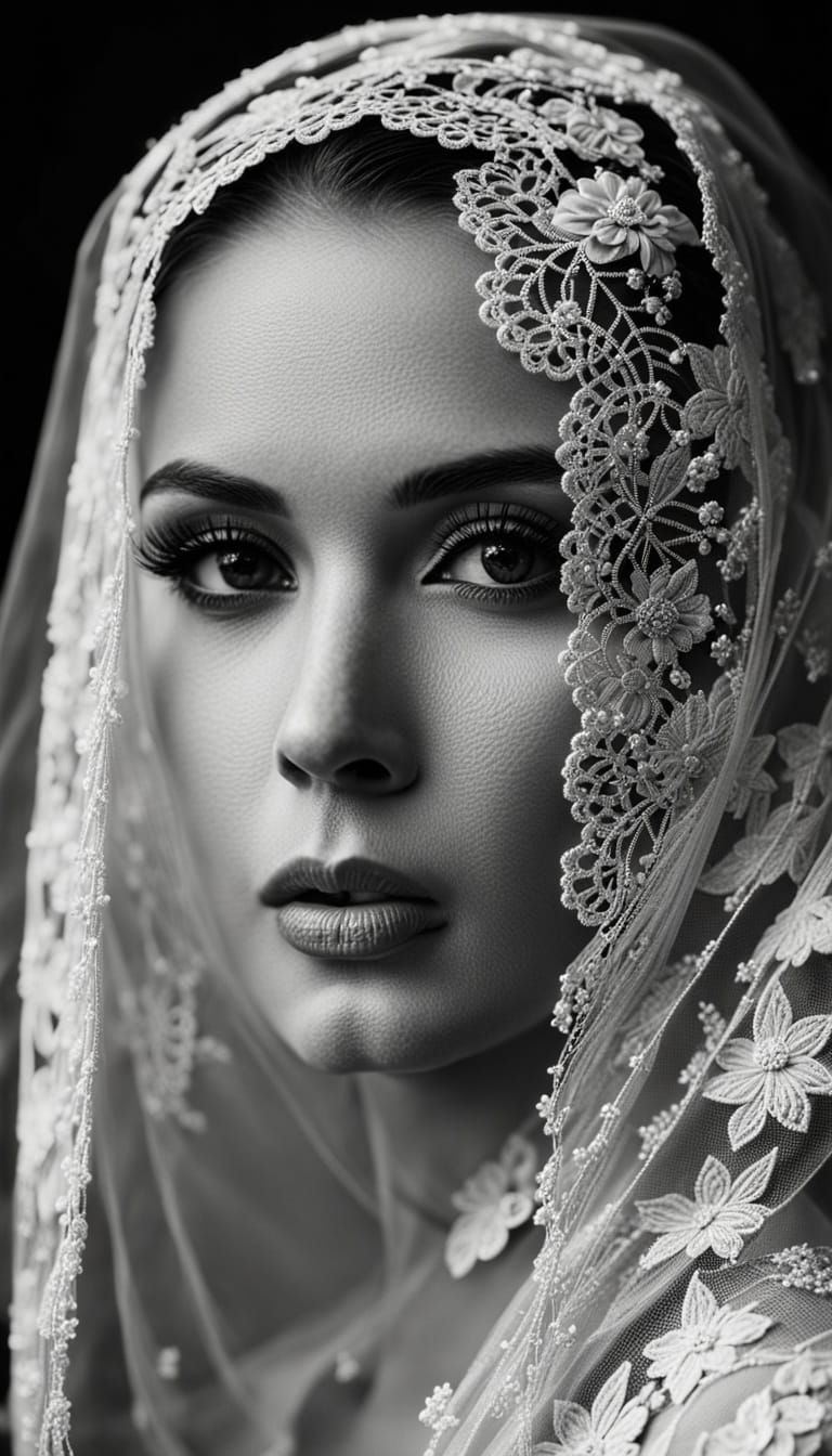 Woman's Face Veiled in Delicate Lace, Film Noir Style