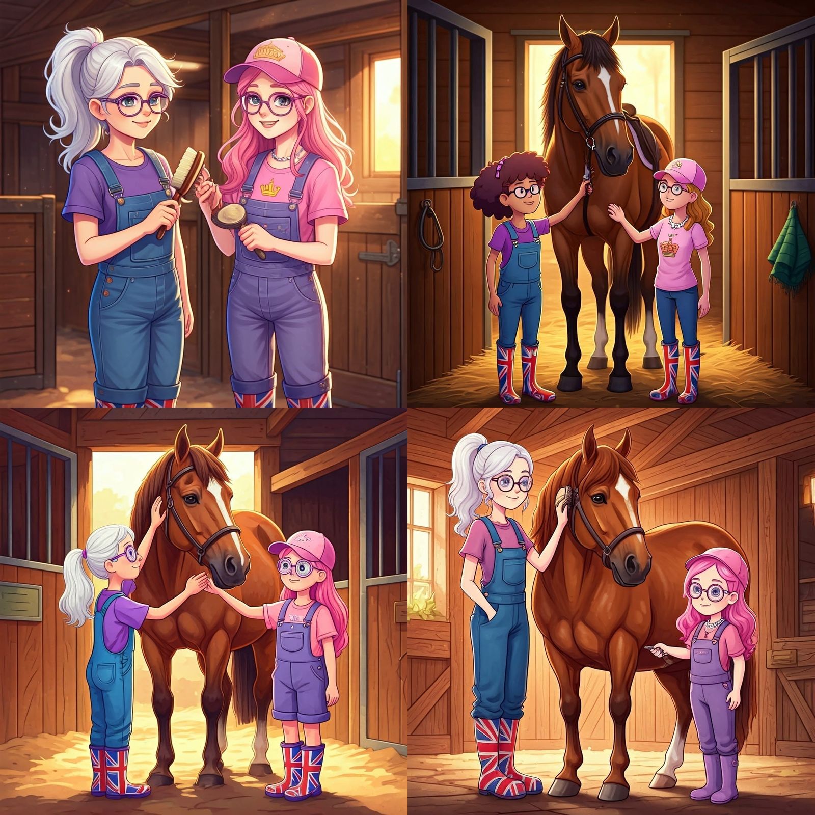 Royal Friends Tend to Majestic Horses in a Cozy Stable Scene