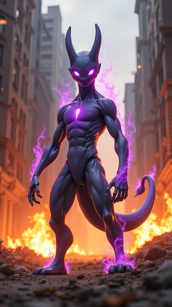 Mewtwo in Burning City: Photorealistic Digital Art