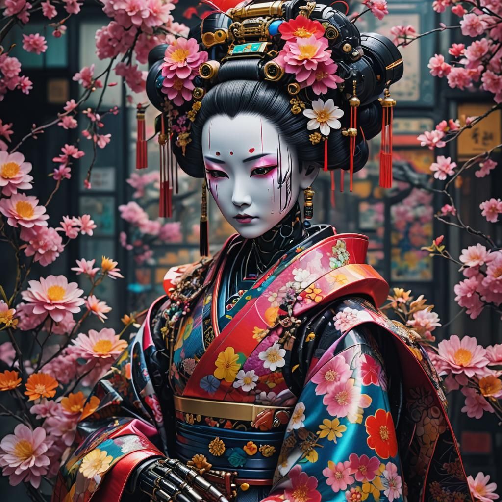 Cyberpunk Robot Geisha in Flower Kimono