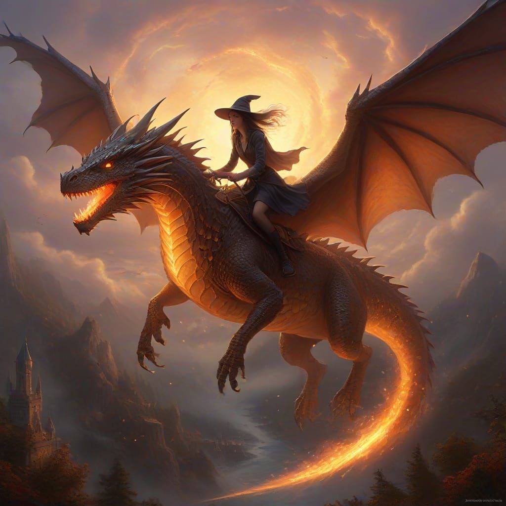 Modern Witch Rides Dragon Breathing Fire in Golden Hour