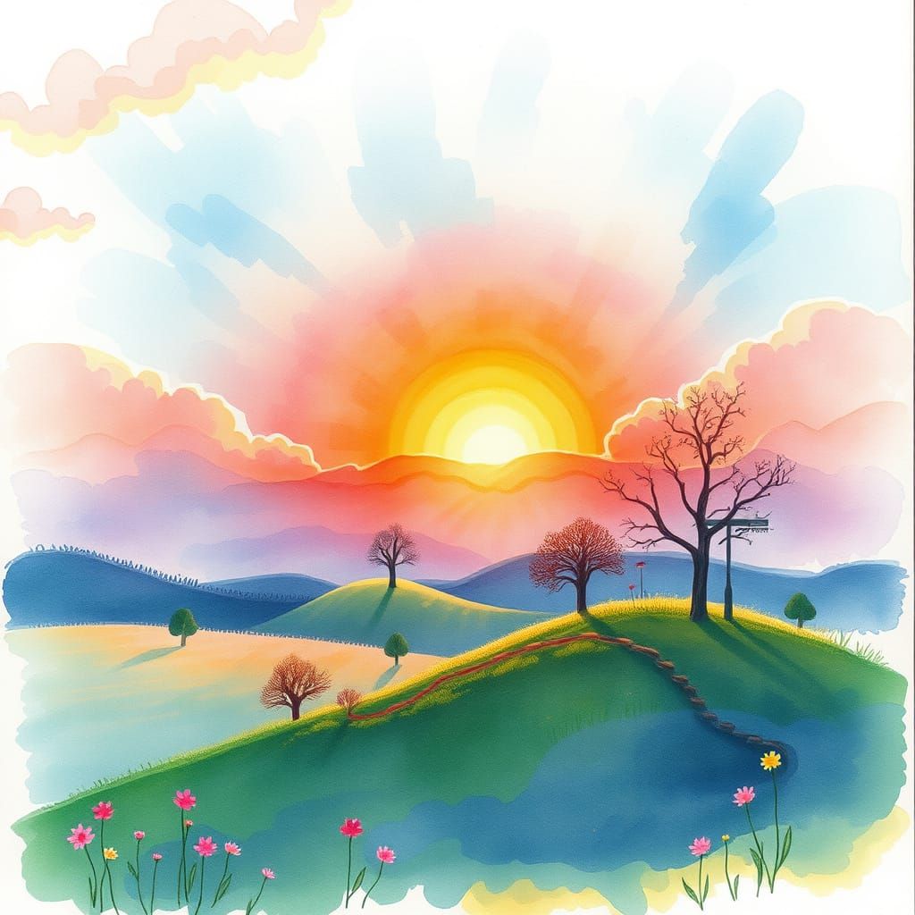 Surreal Sunset Over Whimsical Impressionistic Landscape