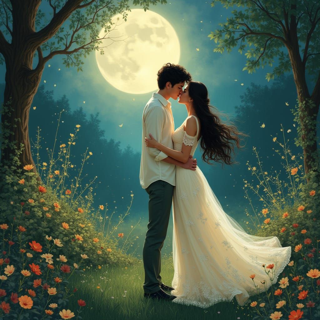 Moonlit Garden Kiss in Art Nouveau Style