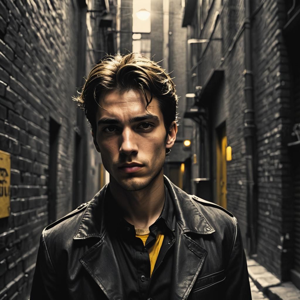Noir Portrait of a Rebellious Man in Urban Alleyway