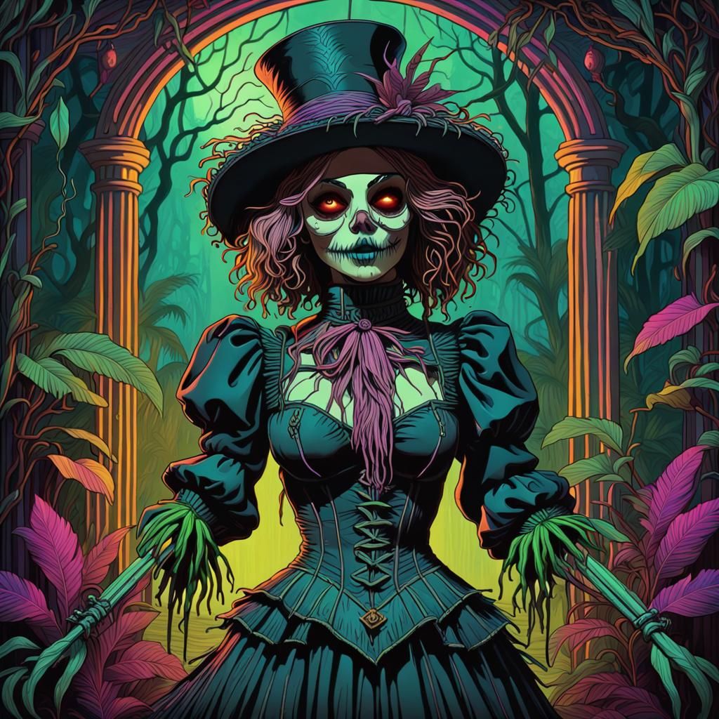 Gothic Art Nouveau Haunted Mansion in Synthwave Style