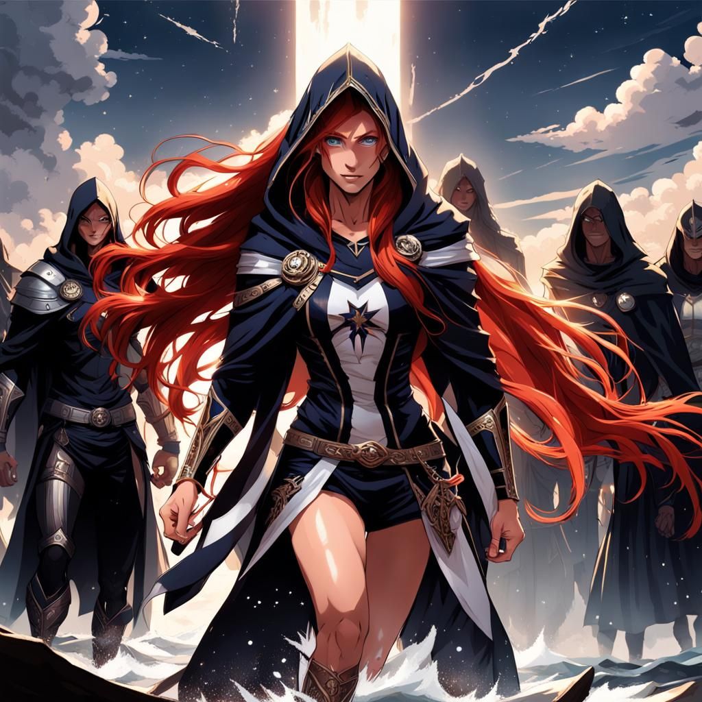 Red-Haired Woman on Mountain in Abstract Style