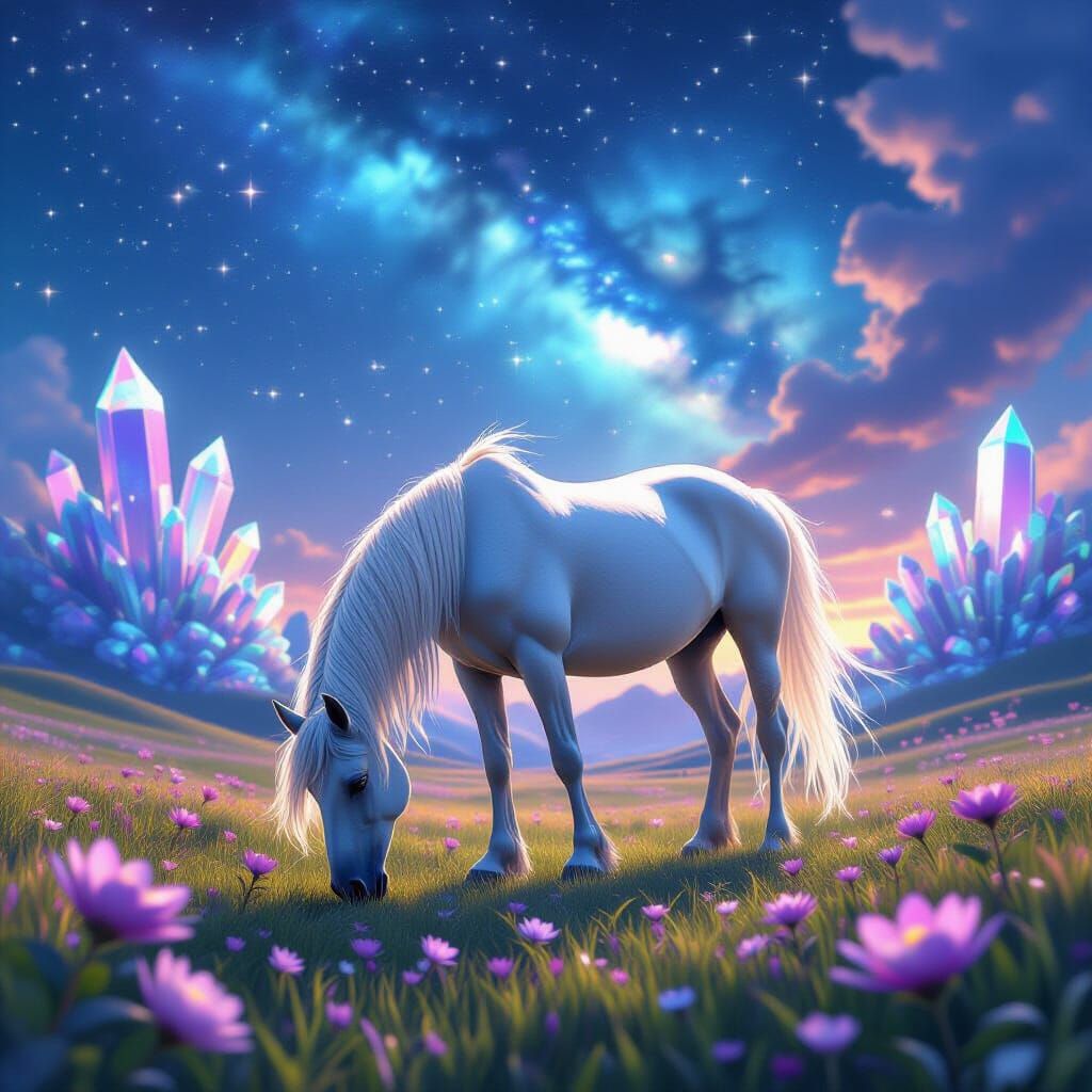 Cosmic Horse Grazing in Crystalline Meadow