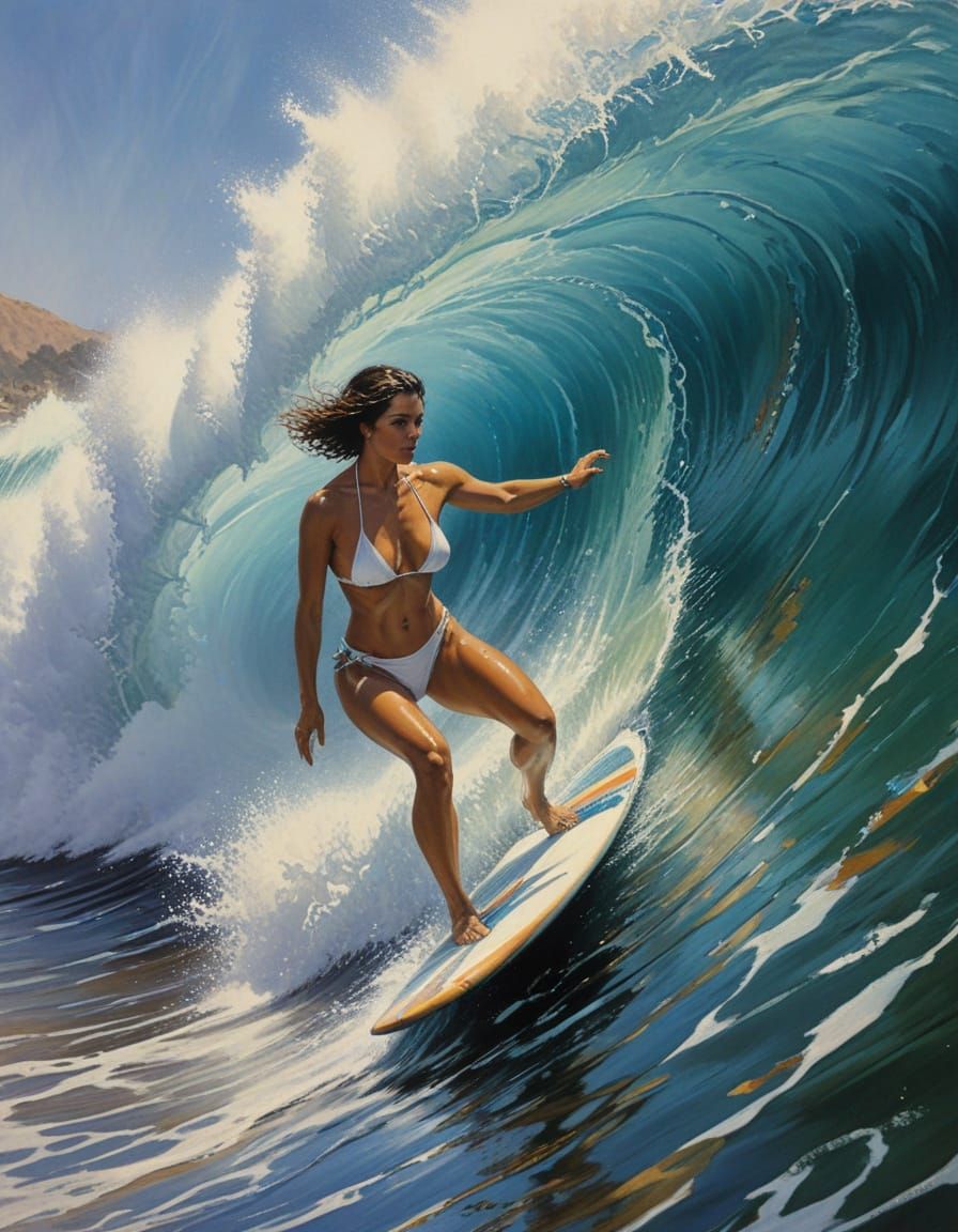 Gorgeous Brunette Surfer Rides Wave in Retro Santa Monica