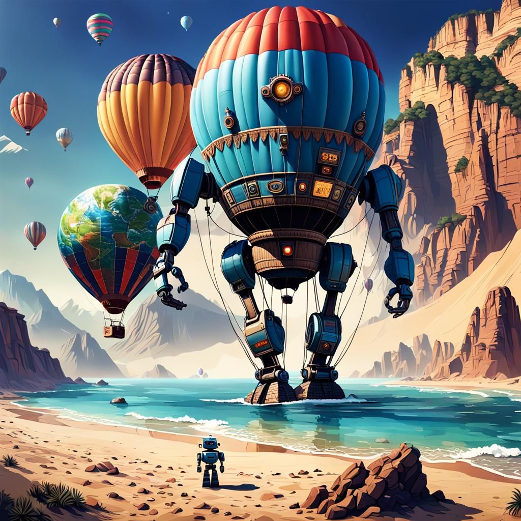 Robot and Hot Air Balloon on Alien Planet