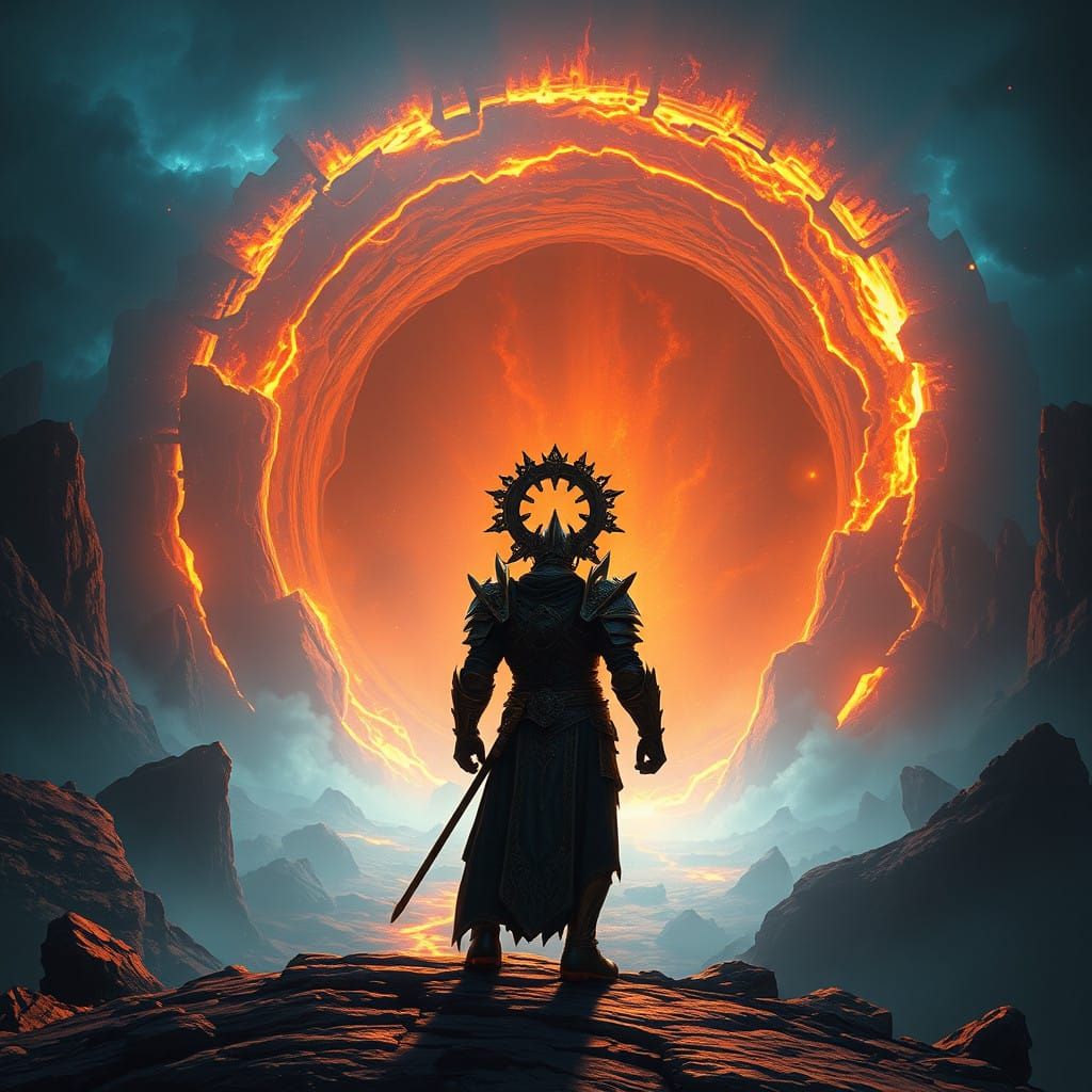 Epic Hero at Realm's Edge: Mythic Armor in Cosmic Portal