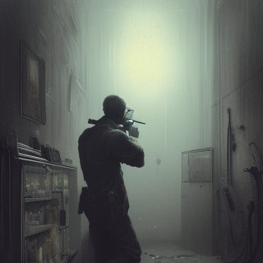 Hyperrealistic Man in Dark Motel with Gun