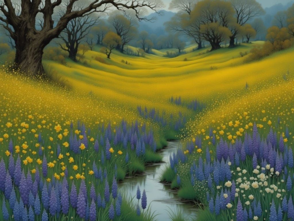 Surreal Daffodil Valley After Rain, in Intricate Watercolor ...