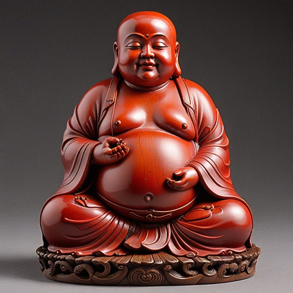 Intricate Red Wooden Hotei Buddha Figurine