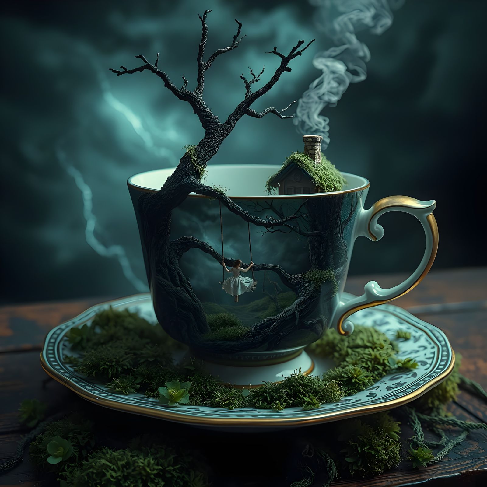 Stormy Forest Scene in Teacup With Woman on Swing