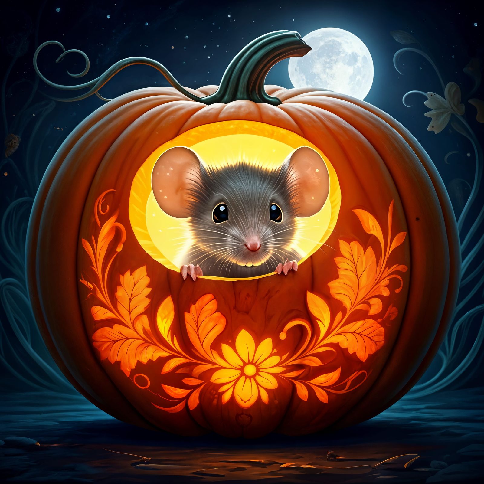 Adorable Mouse and Enchanted Halloween Pumpkin