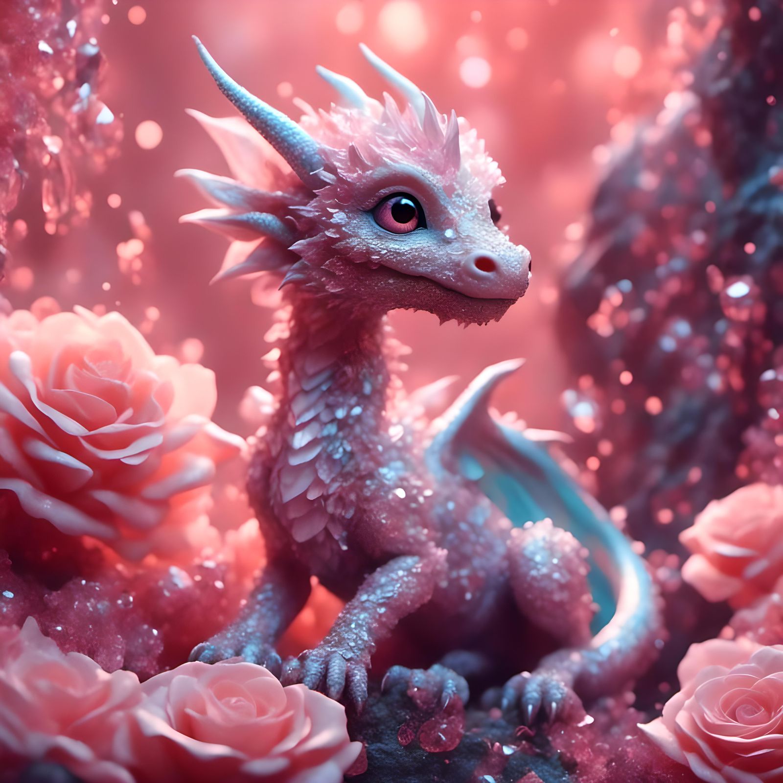 Adorable Baby Dragon in Rose Quartz Cave