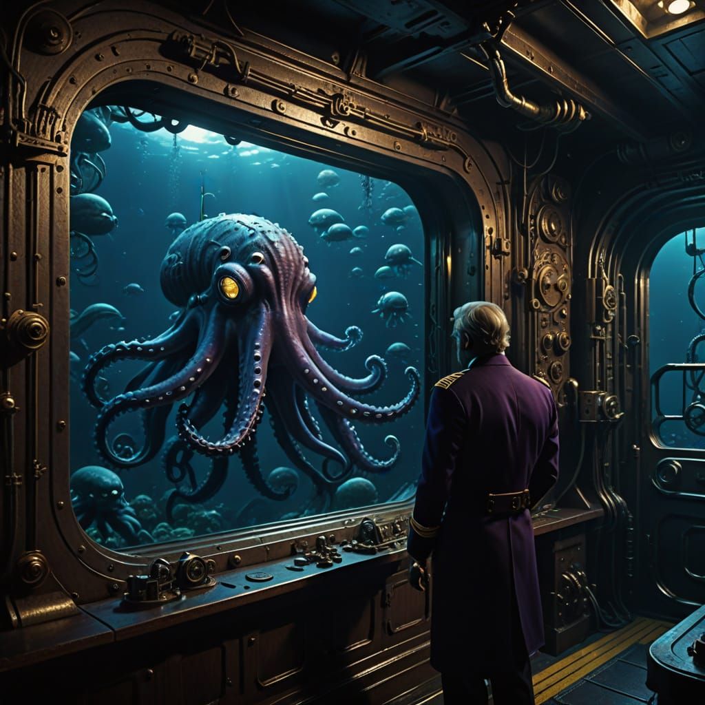 Captain Nemo Observes an Octopus in Dark Ocean Depths, Cinem...
