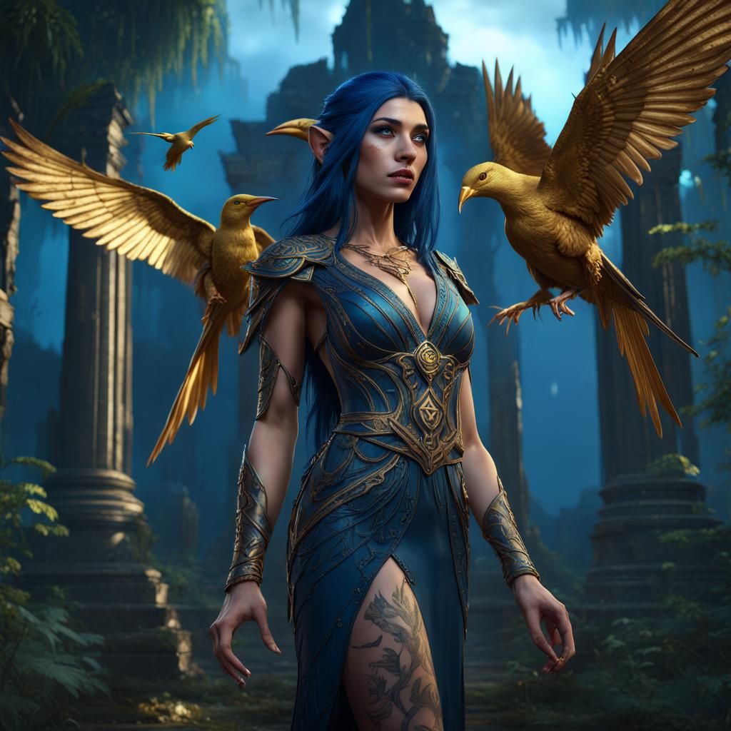Half-Elf Sorceress in Jungle Temple Ruins