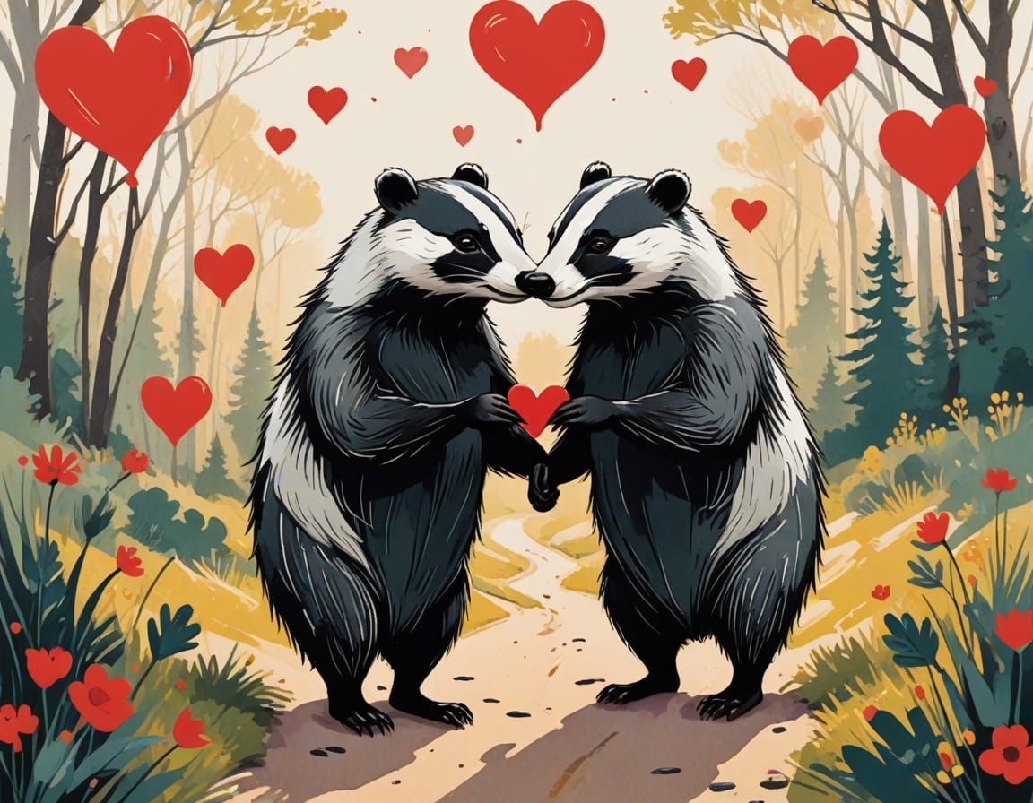 Whimsical Badger Lovers in Dreamlike Comic Book Art