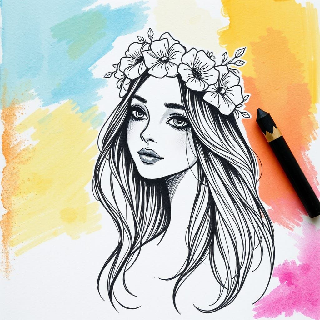 Young Woman in Floral Crown, Charcoal Drawing in Vibrant Col...