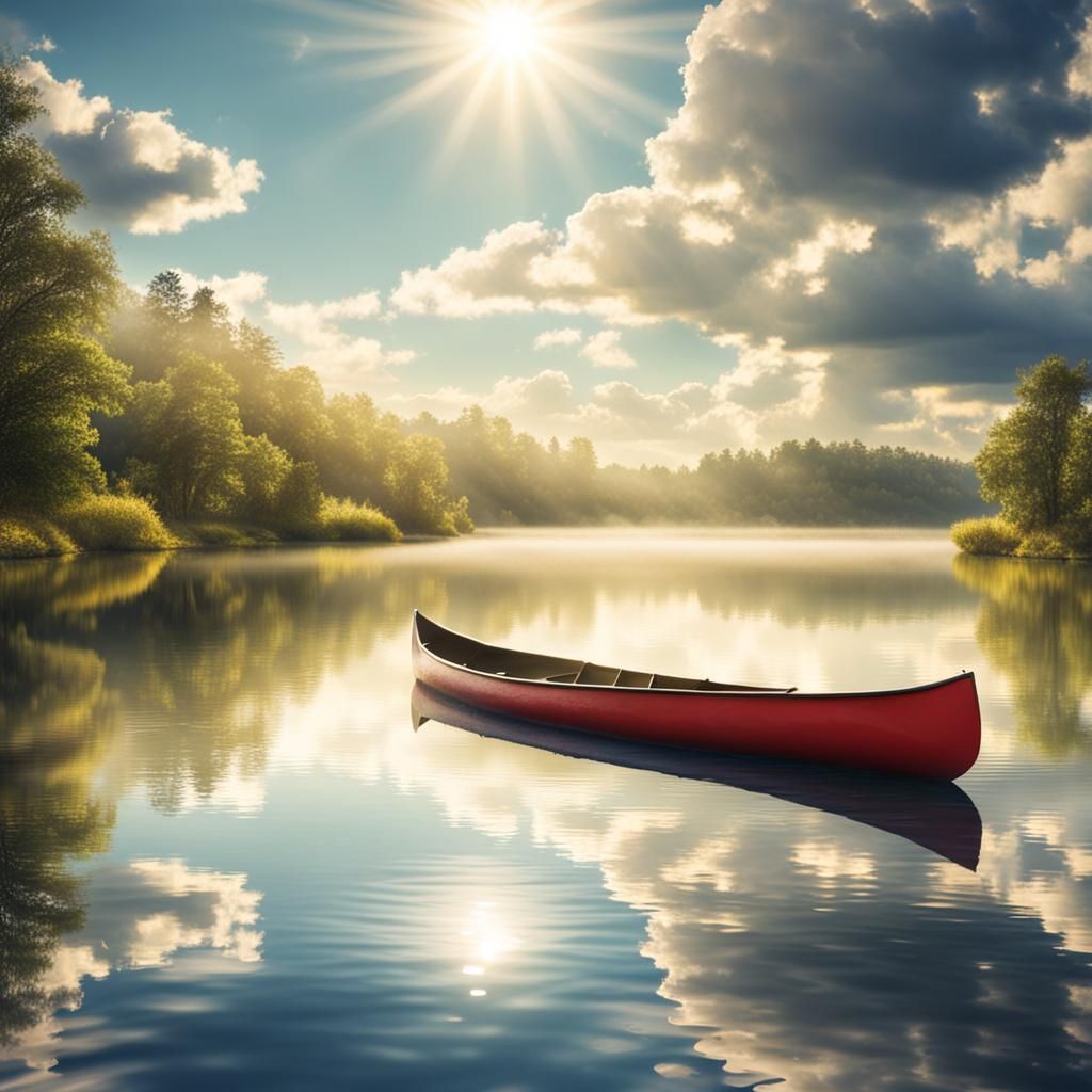 Canoe on Calm Lake with Heavenly Sunshine