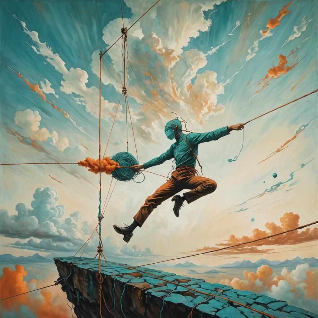 Surreal Equilibrist Walking Tightrope in Dreamscape