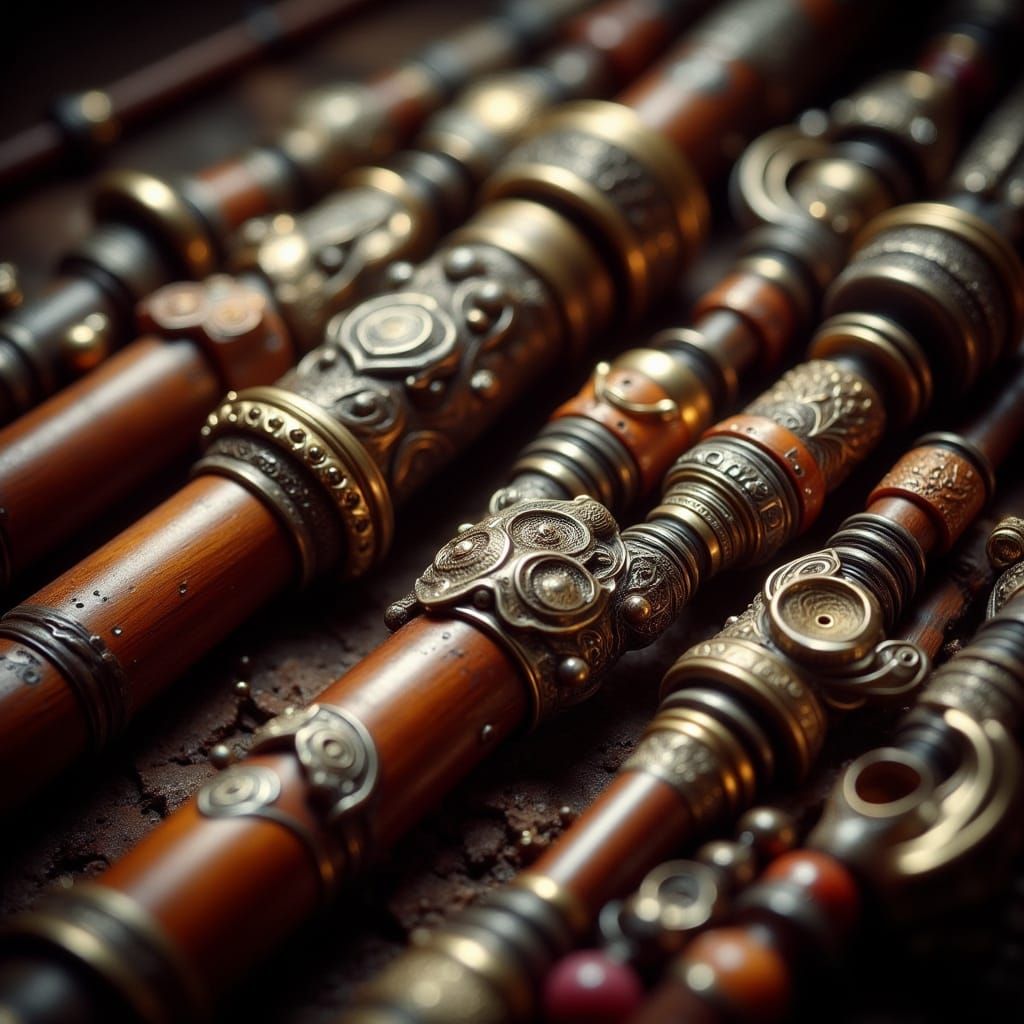 Hyperrealistic Bagpipes with Intricate Carvings and Warm Lig...