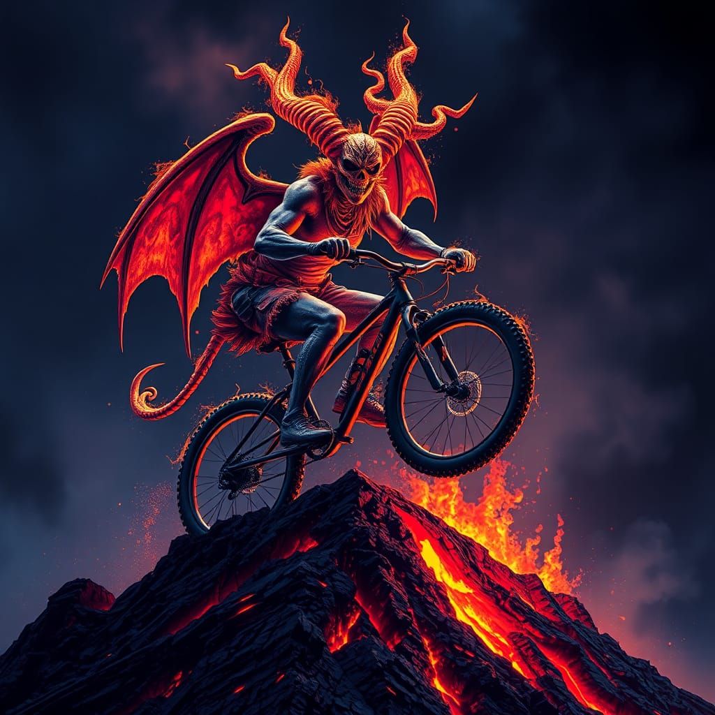 Encaustic Demon Rides Mountain Bike Over Volcano