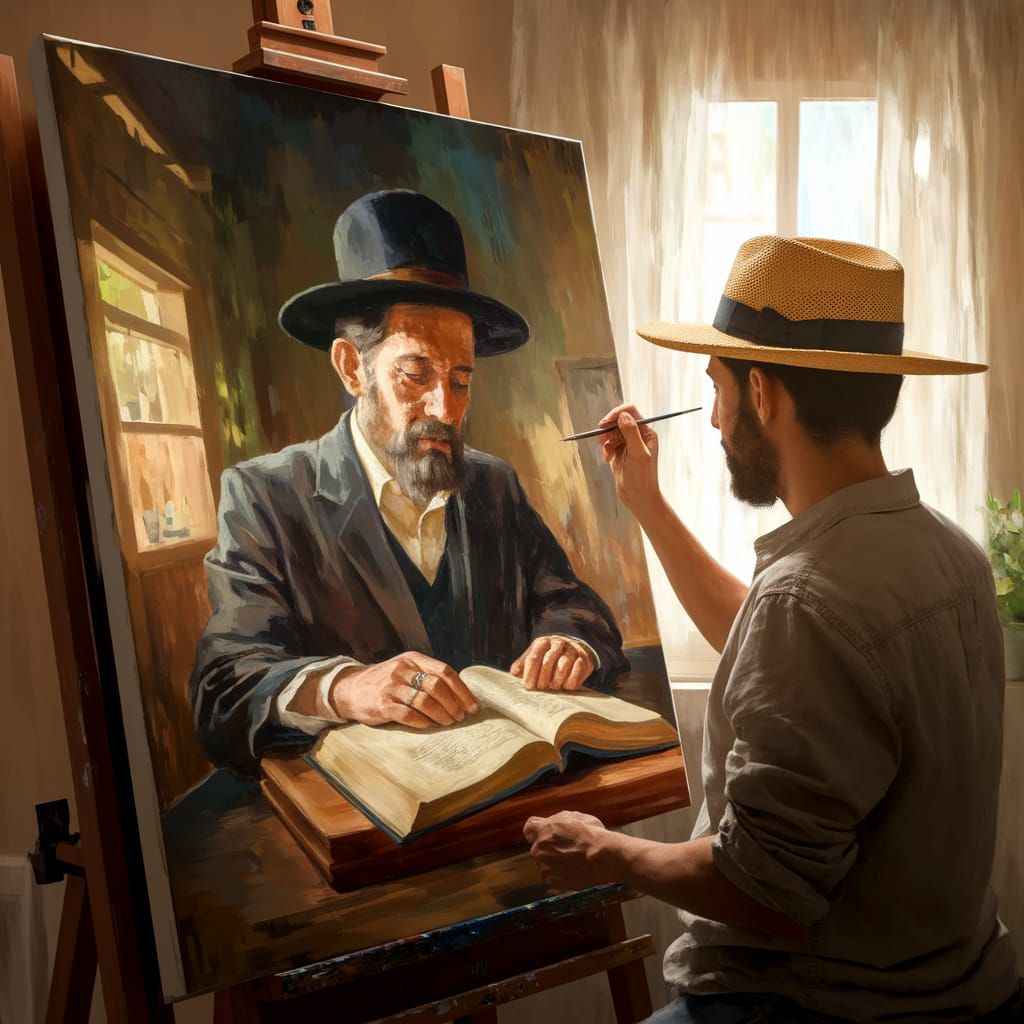 A painter with a small straw hat paints a painting on a larg...