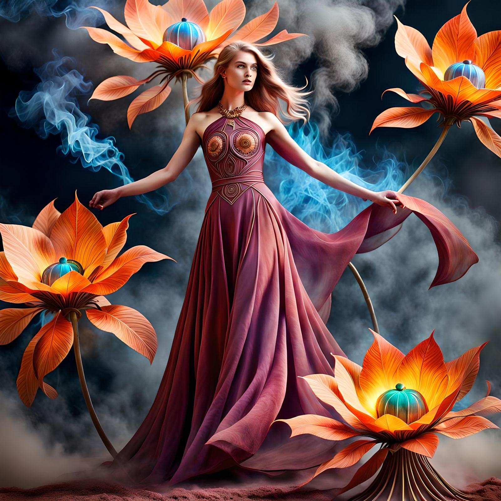 Futuristic Indian Woman with Bioluminescent Flowers