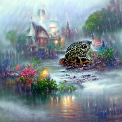 Frog and Turtle Island in Rainy Fantasy Landscape