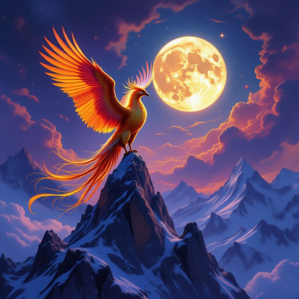 Majestic Phoenix on Crystalline Peak Under Swirling Nebulae ...