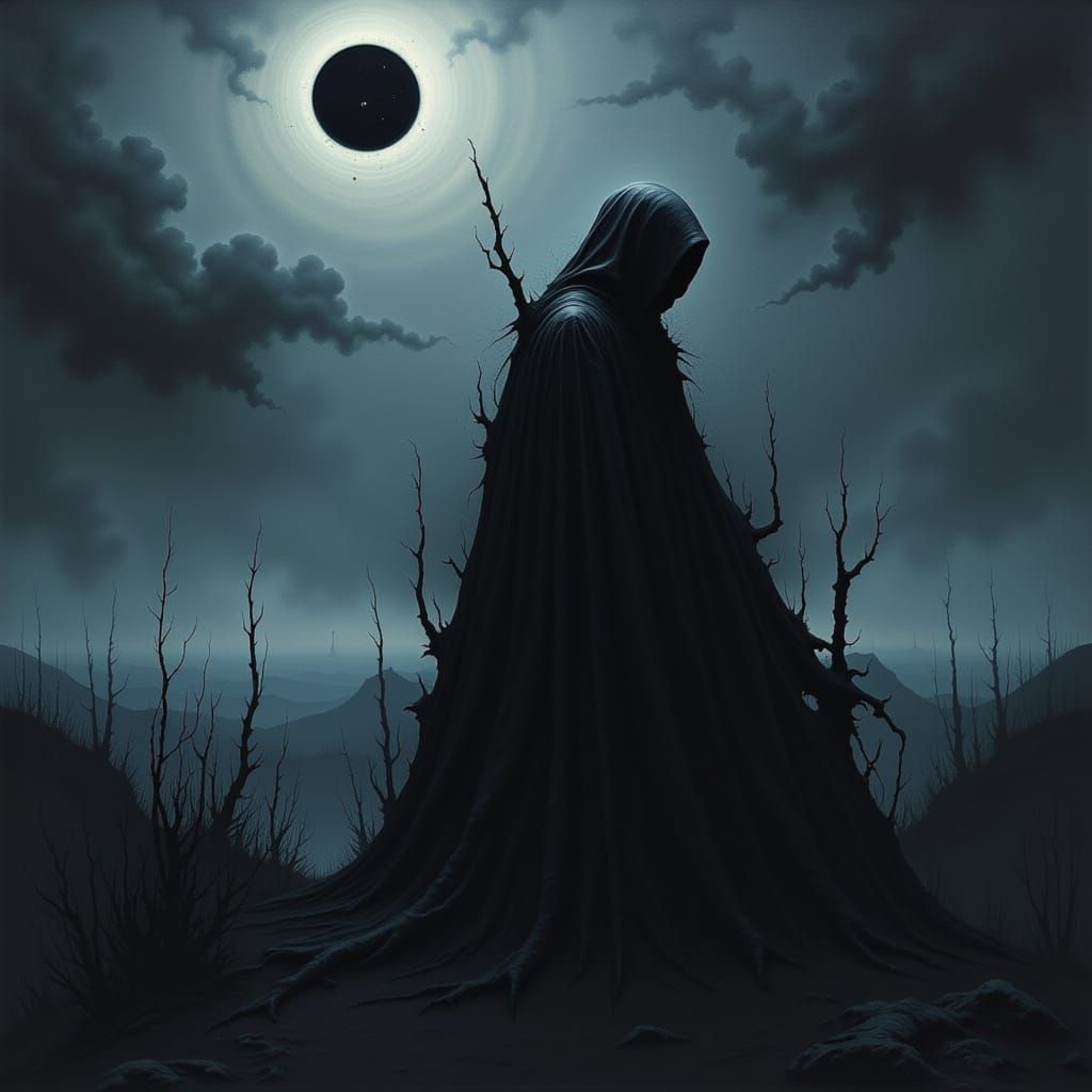 Shadowed Figure in Mystical Landscape, Atmospheric Art