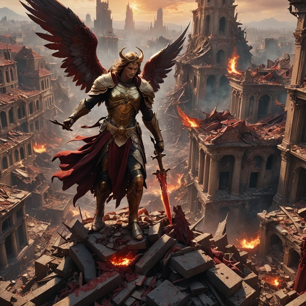 Angel and Devil War in Ruined Cityscape