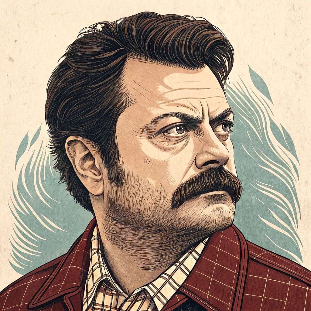 Woodcut Portrait of Nick Offerman in a Distinctive Rustic St...
