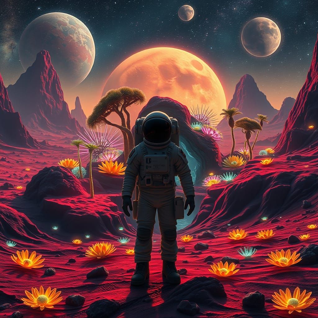 Astronaut Discovering Bioluminescent Oasis on Alien Planet