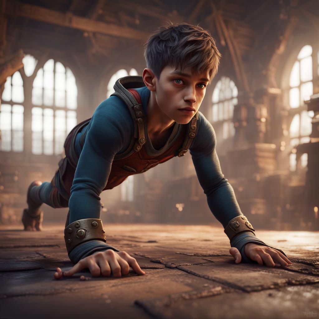 Strong Boy Doing Push-Ups in Detailed Matte Painting