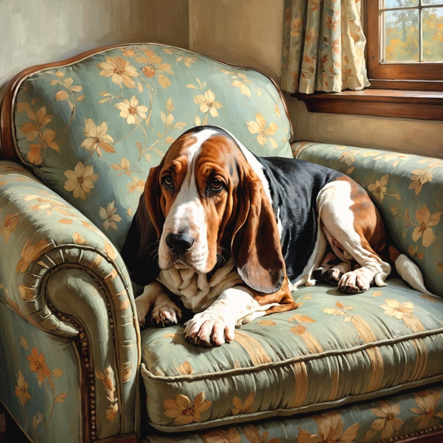 Basset Hound Lounging on Antique Armchair, Impressionist Sty...