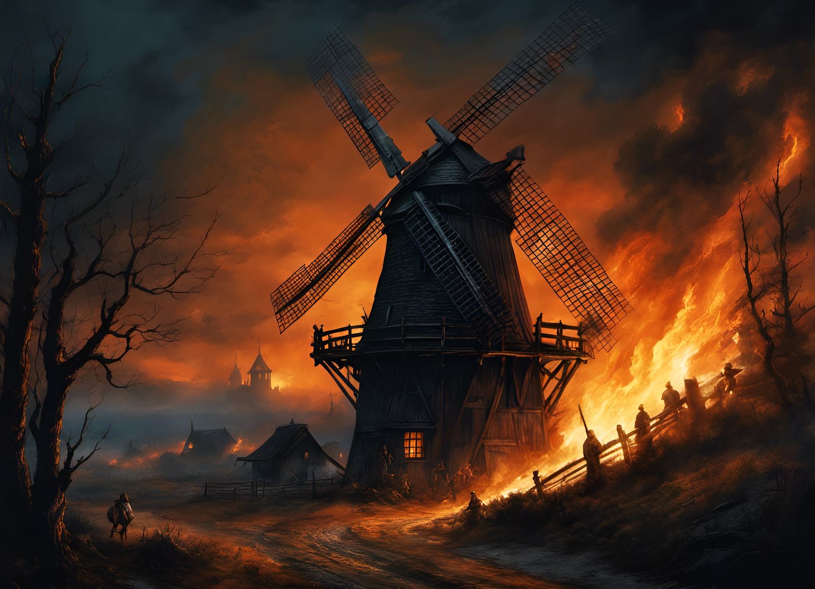 Burning Windmill with Wild Hunt Riders