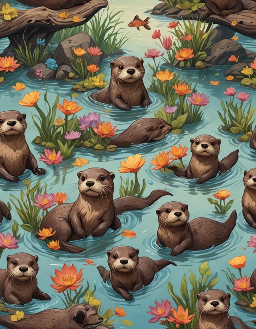 Enchanting Otters in Whimsical Ghibli-Style Illustration