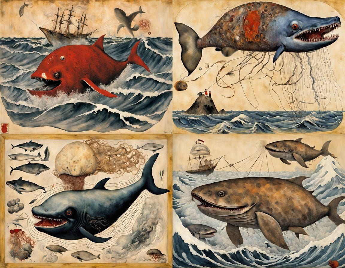 Surreal Japanese Hybrid Sea Creatures in a Stormy Seascape