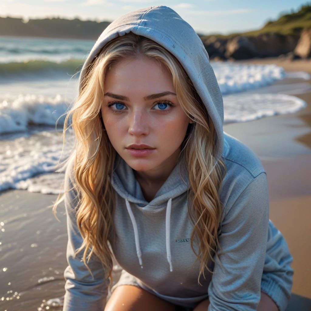 Beautiful Woman Kneeling at Beach with Waves